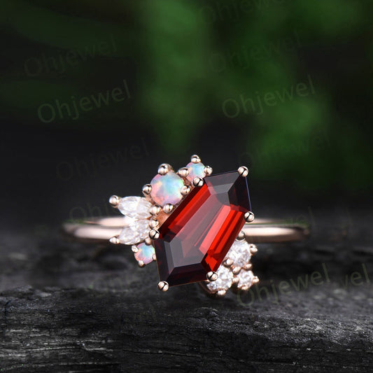 Shield red garnet ring vintage 6 prong rose gold unqiue engagement ring cluster opal diamond anniversary wedding ring women jewelry gift