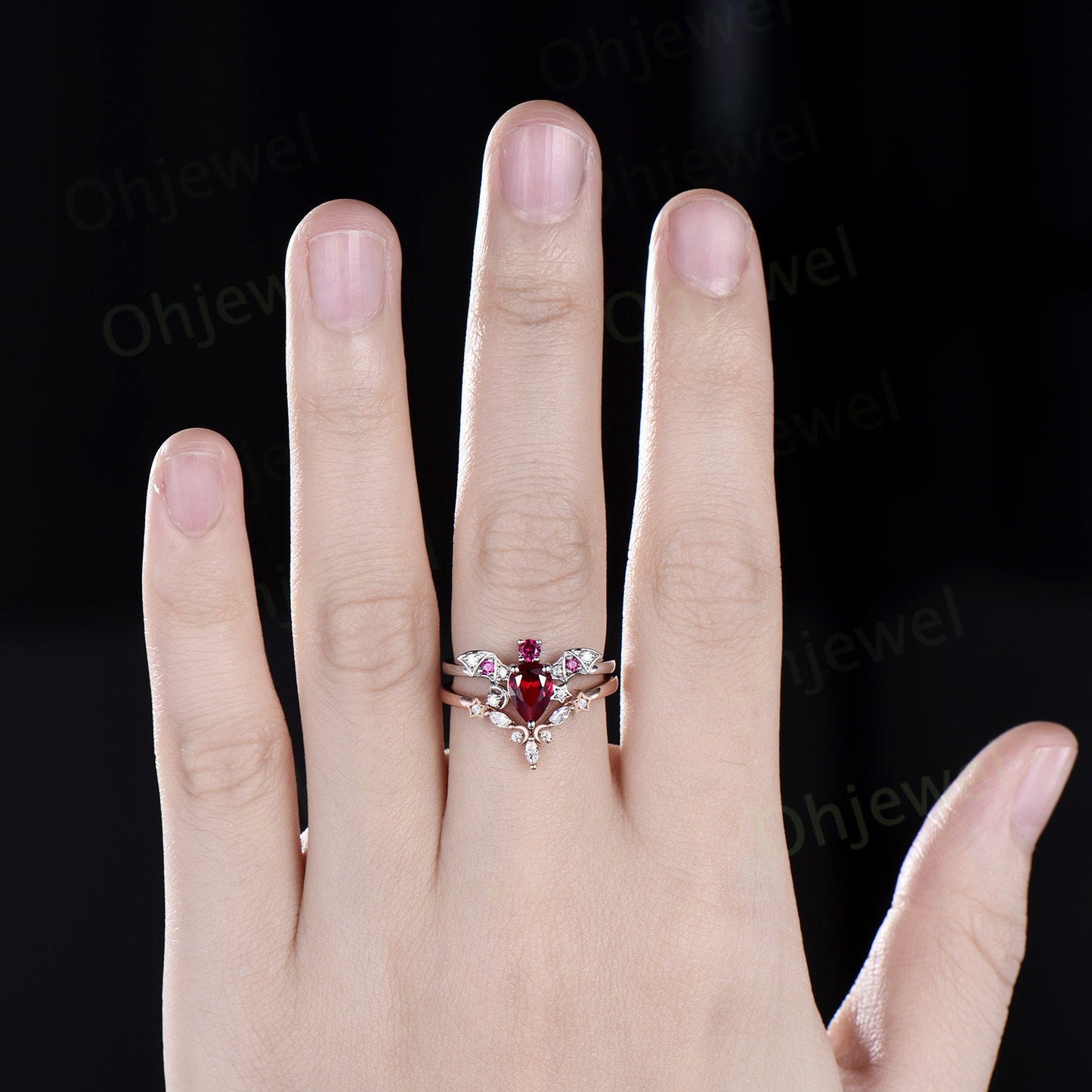 Vintage pear shaped red ruby engagement ring white gold wing moon star bat diamond ring women unique wedding anniversary ring gift