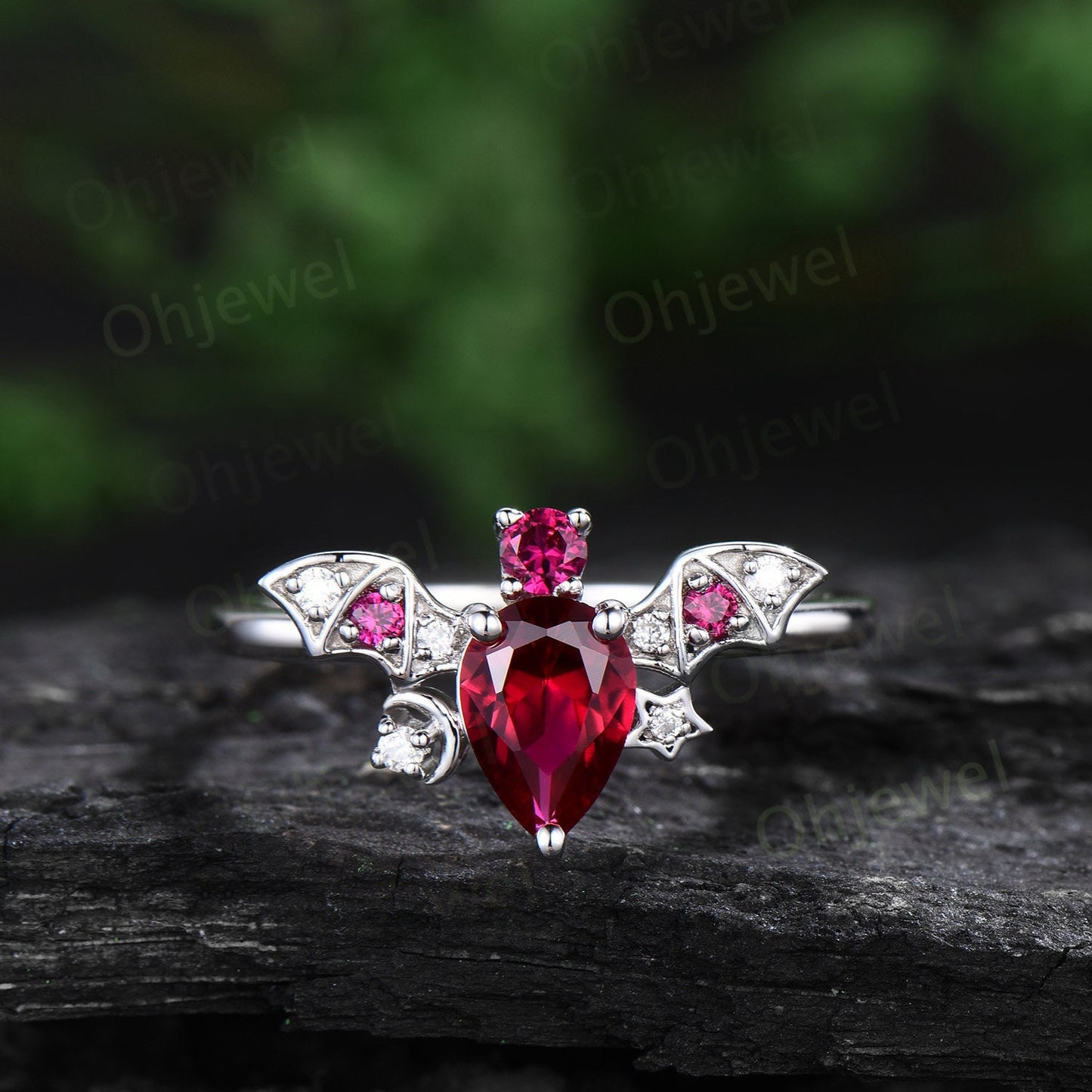 Vintage pear shaped red ruby engagement ring white gold wing moon star bat diamond ring women unique wedding anniversary ring gift