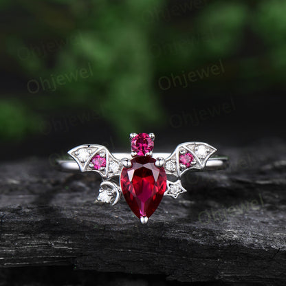 Vintage pear shaped red ruby engagement ring white gold wing moon star bat diamond ring women unique wedding anniversary ring gift