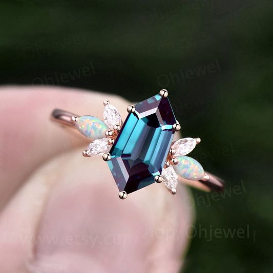 Shield alexandrite engagement ring 6 prong solid 14k rose gold opal diamond ring women wedding anniversary ring gift color change gemstone