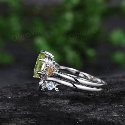 Vintage pear cut peridot engagement ring white gold 6 prong twisted citrine bridal set women moonstone aquamarine wedding band gemstone gift