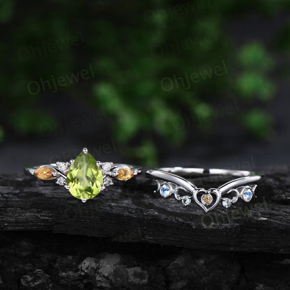 Vintage pear cut peridot engagement ring white gold 6 prong twisted citrine bridal set women moonstone aquamarine wedding band gemstone gift