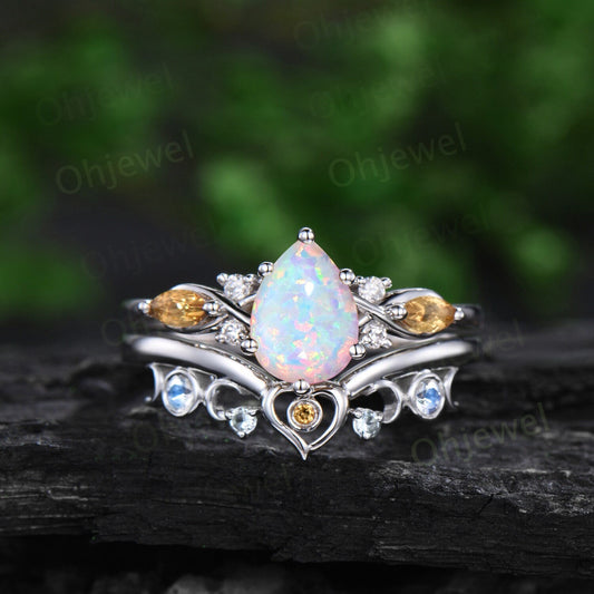 Vintage pear white opal engagement ring white gold 6 prong twisted citrine bridal set women moonstone aquamarine wedding band gemstone gift