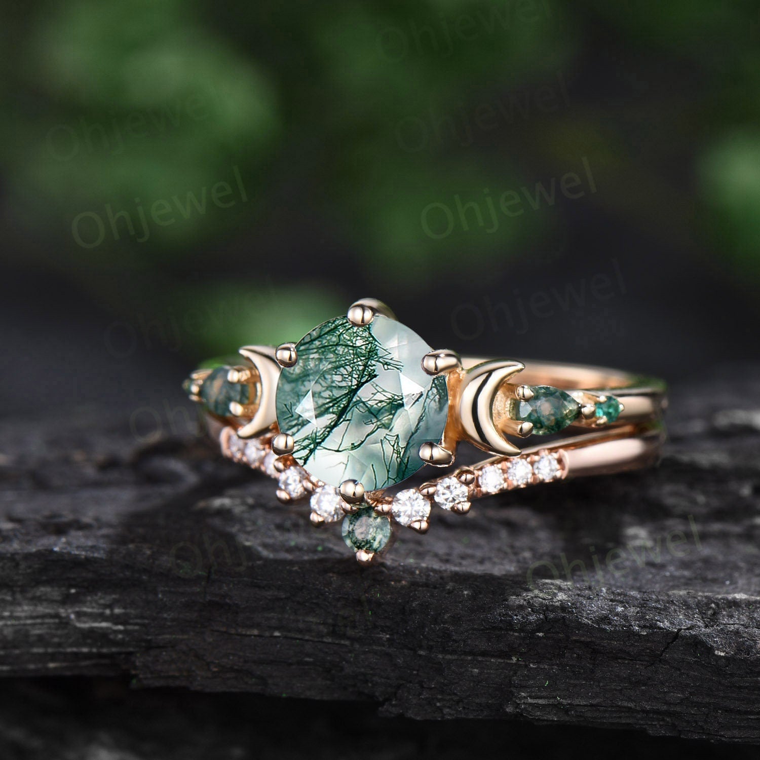 Round cut natural moss agate ring 14k white gold five stone moon unique engagement ring emerald promise ring set women anniversary gift