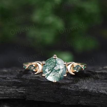 Round cut natural moss agate ring 14k white gold five stone moon unique engagement ring emerald promise ring set women anniversary gift