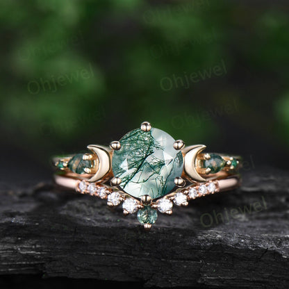 Round cut natural moss agate ring 14k white gold five stone moon unique engagement ring emerald promise ring set women anniversary gift