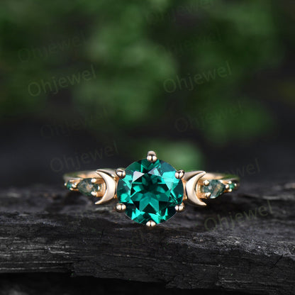 Round cut green emerald ring yellow gold five stone moon unique engagement ring moss agate bridal wedding ring set women jewelry gift