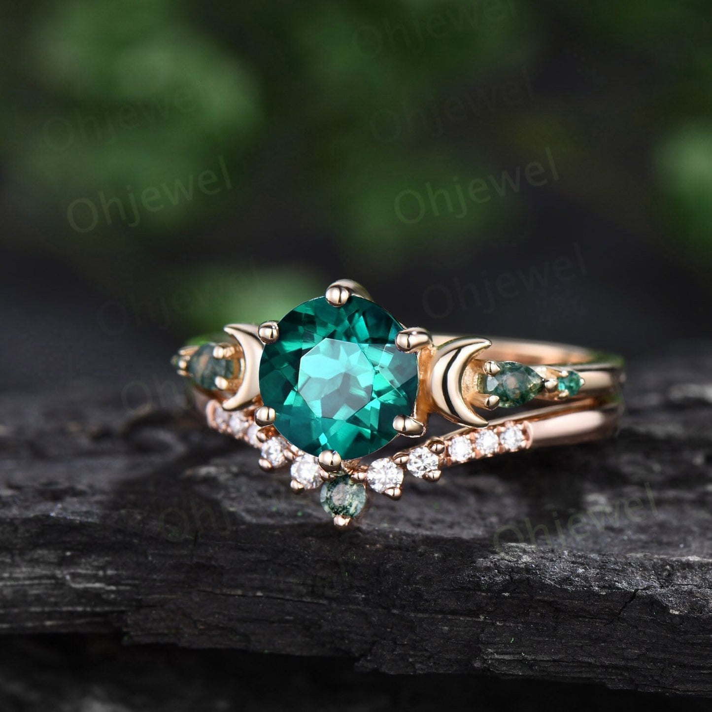 Round cut green emerald ring yellow gold five stone moon unique engagement ring moss agate bridal wedding ring set women jewelry gift