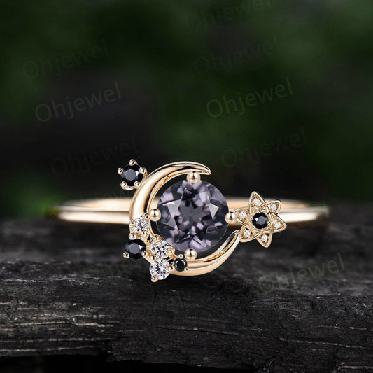 Vintage round cut gray spinel engagement ring 14k yellow gold star moon cluster diamond ring women black stone ring anniversary gift