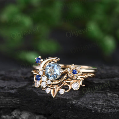 Round cut Aquamarine engagement ring yellow gold moon cluster sapphire diamond twisted antique wedding bridal ring set women jewelry gift