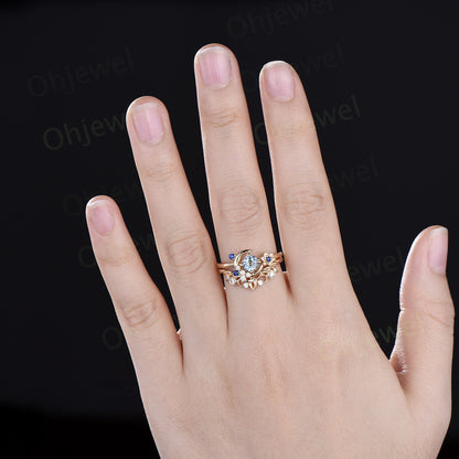 Round cut Aquamarine engagement ring yellow gold moon cluster sapphire diamond twisted antique wedding bridal ring set women jewelry gift
