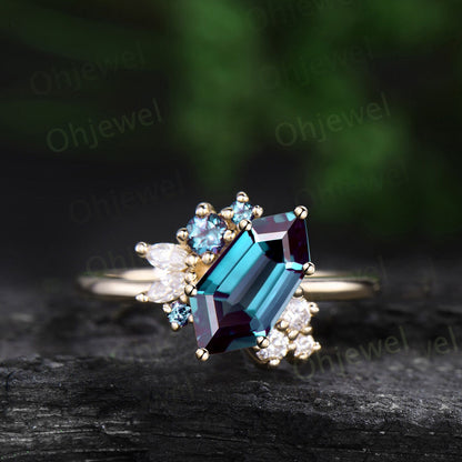 Shield alexandrite ring vintage 6 prong rose gold unqiue engagement ring cluster diamond wedding anniversary ring women jewelry gift