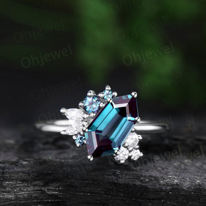 Shield alexandrite ring vintage 6 prong rose gold unqiue engagement ring cluster diamond wedding anniversary ring women jewelry gift