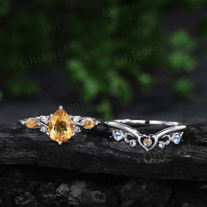 Vintage pear cut yellow citrine engagement ring white gold 6 prong twisted bridal set women moonstone aquamarine wedding band gemstone gift