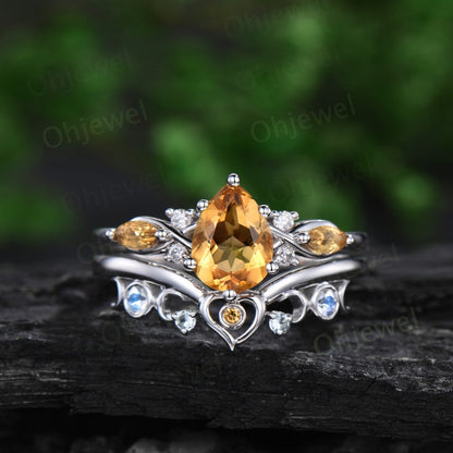 Vintage pear cut yellow citrine engagement ring white gold 6 prong twisted bridal set women moonstone aquamarine wedding band gemstone gift