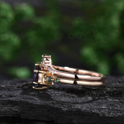 Round cut Lavender Amethyst ring vintage yellow gold five stone moon unique engagement ring moss agate bridal wedding ring set women gift