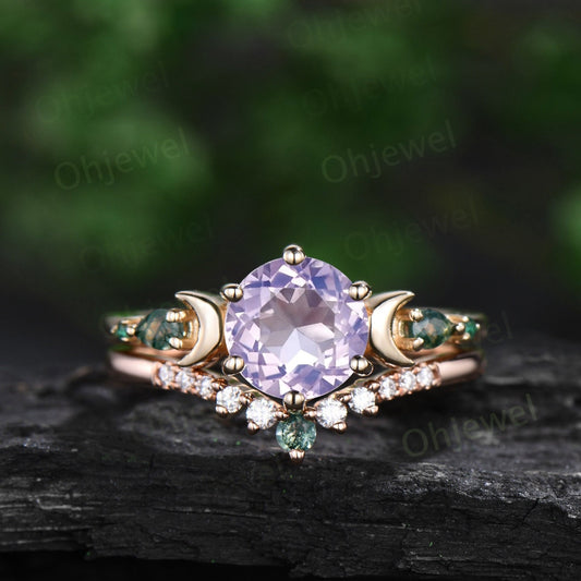 Round cut Lavender Amethyst ring vintage yellow gold five stone moon unique engagement ring moss agate bridal wedding ring set women gift