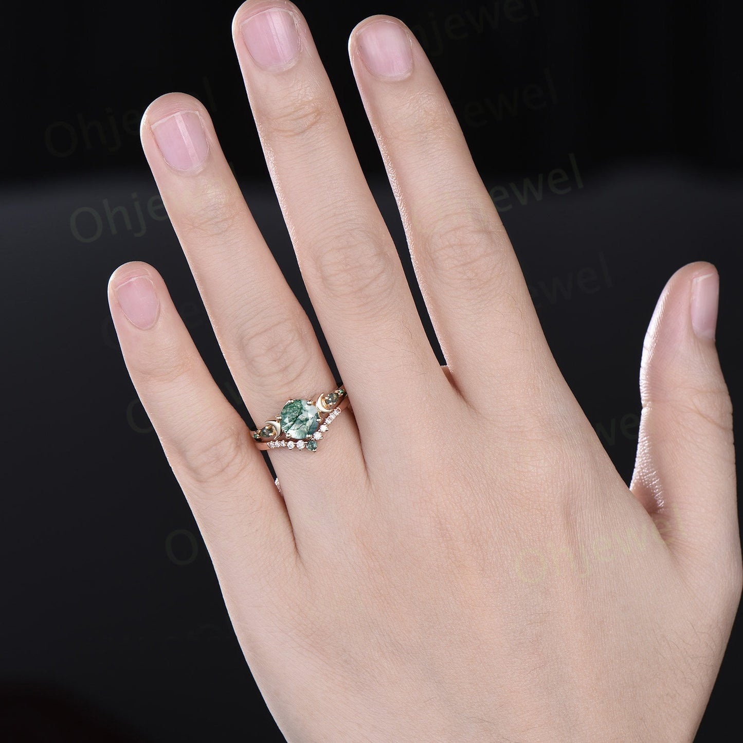 Round cut green moss agate ring yellow gold five stone moon unique engagement ring emerald bridal wedding ring set women jewelry gift