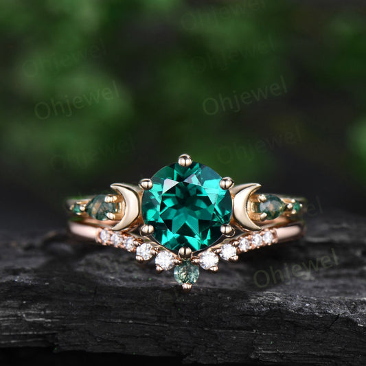 Round cut green emerald ring yellow gold five stone moon unique engagement ring moss agate bridal wedding ring set women jewelry gift