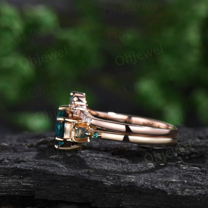 Round cut green emerald ring yellow gold five stone moon unique engagement ring moss agate bridal wedding ring set women jewelry gift