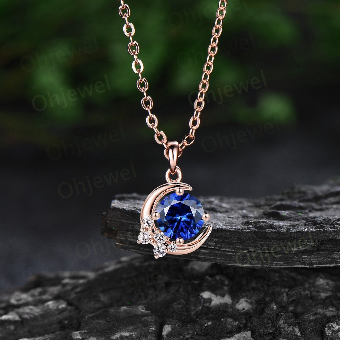 Vintage round blue sapphire necklace 14k rose gold Personalized moon cluster diamond unique Pendant women gemstone anniversary gift for her