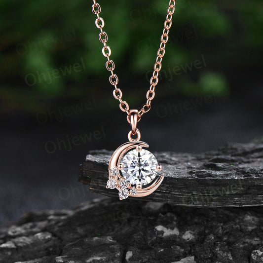 Vintage round cut moissanite necklace 14k rose gold Personalized moon cluster diamond unique Pendant women bridal anniversary gift for her