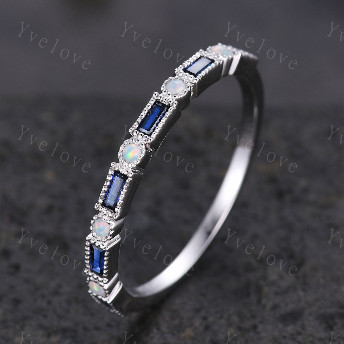 Unique Sapphire opal wedding band baguette cut sapphire white opal engagement ring vintage stacking Band sterling silver promise ring gift