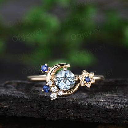 Round cut Aquamarine engagement ring yellow gold moon cluster sapphire diamond twisted antique wedding bridal ring set women jewelry gift