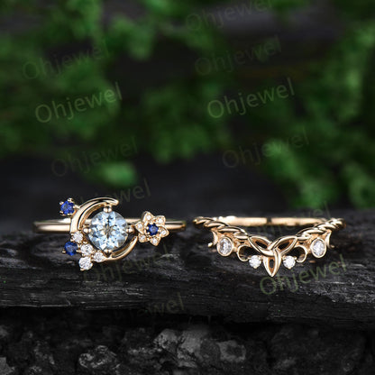 Round cut Aquamarine engagement ring yellow gold moon cluster sapphire diamond twisted antique wedding bridal ring set women jewelry gift