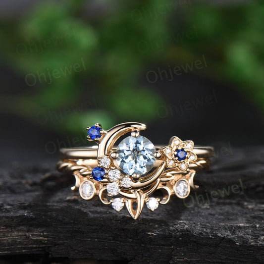 Round cut Aquamarine engagement ring yellow gold moon cluster sapphire diamond twisted antique wedding bridal ring set women jewelry gift