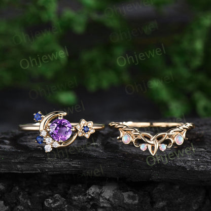 Round cut purple amethyst engagement ring yellow gold moon cluster sapphire twisted antique opal wedding bridal ring set women jewelry gift