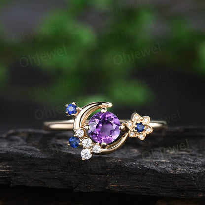 Round cut purple amethyst engagement ring yellow gold moon cluster sapphire twisted antique opal wedding bridal ring set women jewelry gift