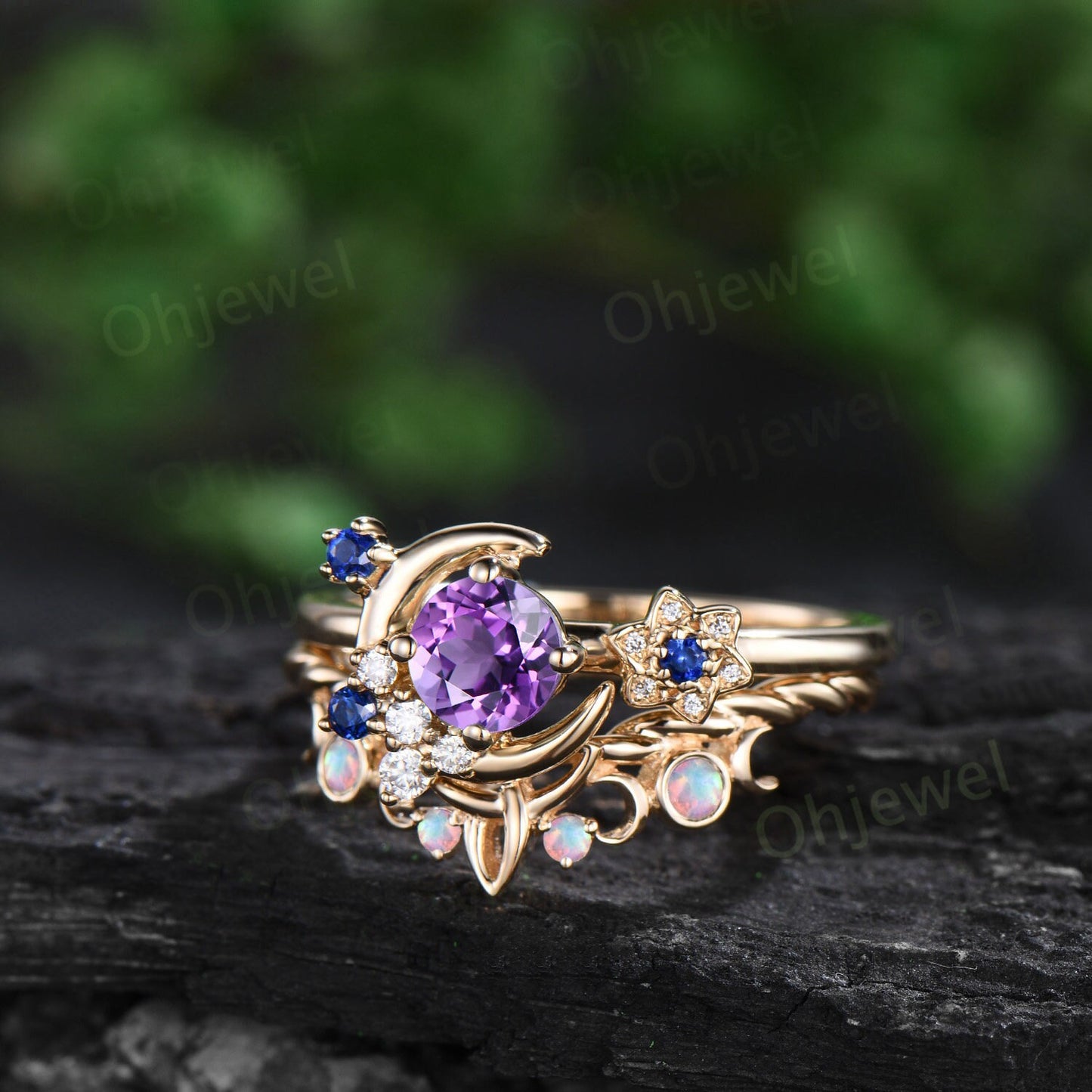 Round cut purple amethyst engagement ring yellow gold moon cluster sapphire twisted antique opal wedding bridal ring set women jewelry gift