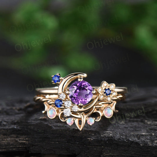 Round cut purple amethyst engagement ring yellow gold moon cluster sapphire twisted antique opal wedding bridal ring set women jewelry gift