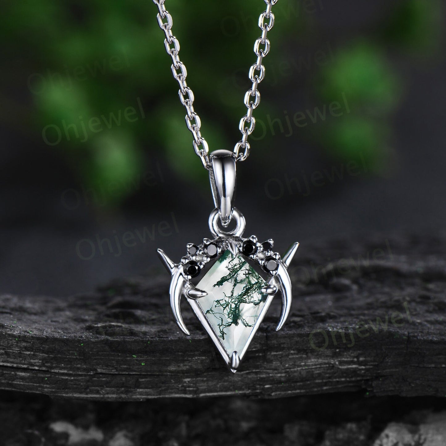 Vintage kite cut green moss agate necklace 14k white gold Personalized moon cluster black diamond unique Pendant women anniversary gift her