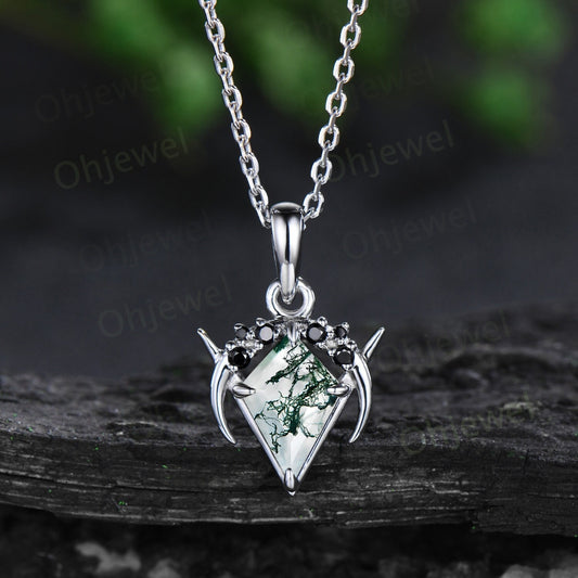 Vintage kite cut green moss agate necklace 14k white gold Personalized moon cluster black diamond unique Pendant women anniversary gift her