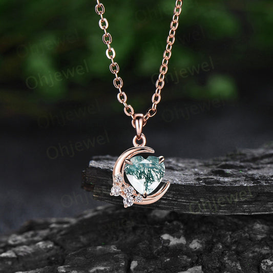 Vintage heart shaped green moss agate necklace 14k rose gold Personalized dainty moon cluster diamond unique Pendant women anniversary gift
