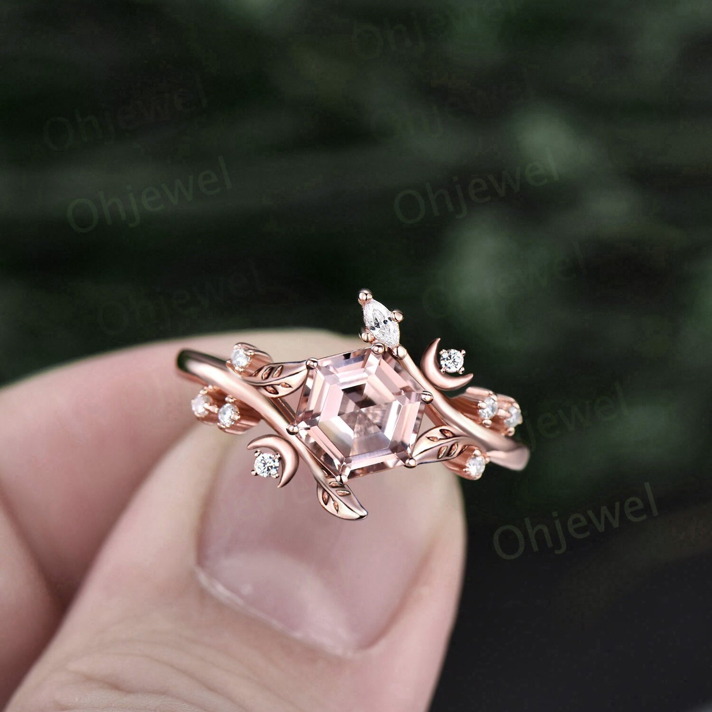 Hexagon cut morganite ring vintage rose gold leaf moon unique engagement ring women Nature inspired diamond opal anniversary ring gift