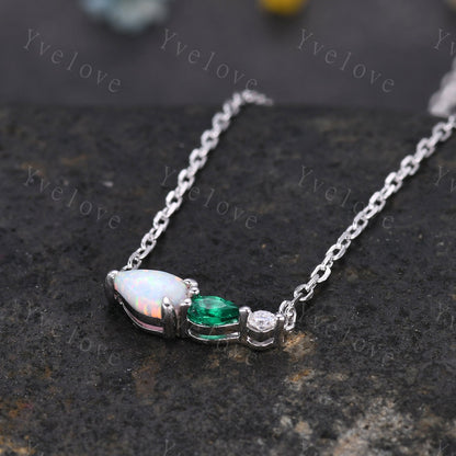 Unique Opal Emerald Necklace,Pear Cut Gems,Art Deco Moissanite Diamond Delicate Dainty Necklace,3 Stone Unique Women Bridal Gift,White Gold