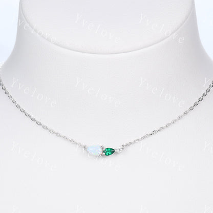 Unique Opal Emerald Necklace,Pear Cut Gems,Art Deco Moissanite Diamond Delicate Dainty Necklace,3 Stone Unique Women Bridal Gift,White Gold