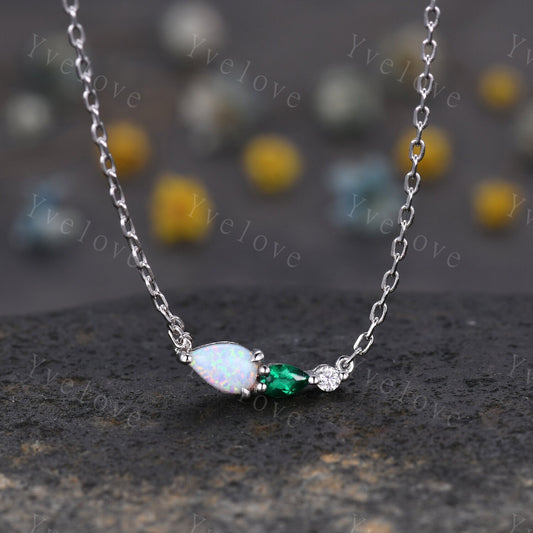 Unique Opal Emerald Necklace,Pear Cut Gems,Art Deco Moissanite Diamond Delicate Dainty Necklace,3 Stone Unique Women Bridal Gift,White Gold