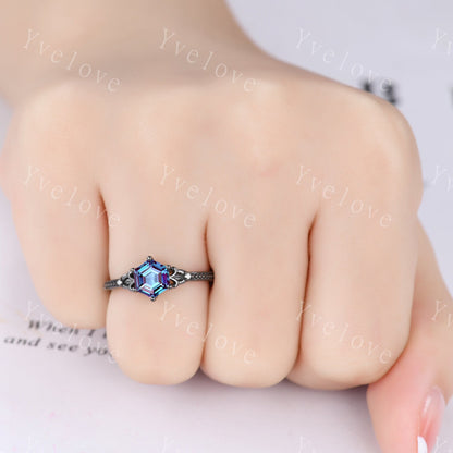 Hexagon Cut Alexandrite Engagement Ring Set Vintage Black Gold Ring Unique black wedding band,Diamond Wrap guard Band Celtic Gothic Ring