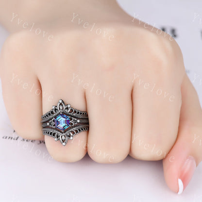 Hexagon Cut Alexandrite Engagement Ring Set Vintage Black Gold Ring Unique black wedding band,Diamond Wrap guard Band Celtic Gothic Ring