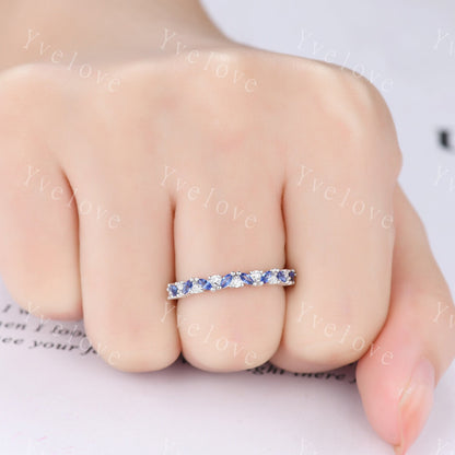 Marquise sapphire wedding band vintage sapphire ring white gold moissanite antique unique stacking band anniversary promise matching band