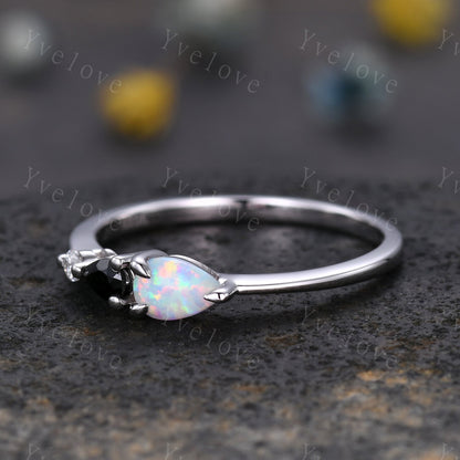 Vintage Opal Black Spinel Engagement Ring,Pear Cut Gems,Art Deco Moissanite Wedding Band,3 Stone Unique Women Bridal Promise Ring Gift