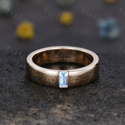 Mens Moonstone Wedding Band Baguette Cut Band 5mm Solid Gold Ring Mens Smooth Band Solitaire Stacking Matching Band Retro Vintage Ring Gift