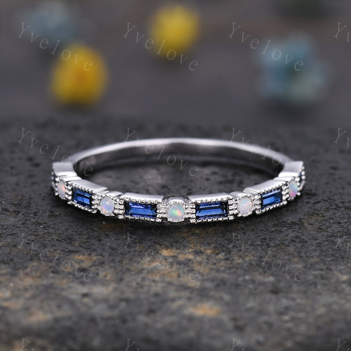 Unique Sapphire opal wedding band baguette cut sapphire white opal engagement ring vintage stacking Band sterling silver promise ring gift