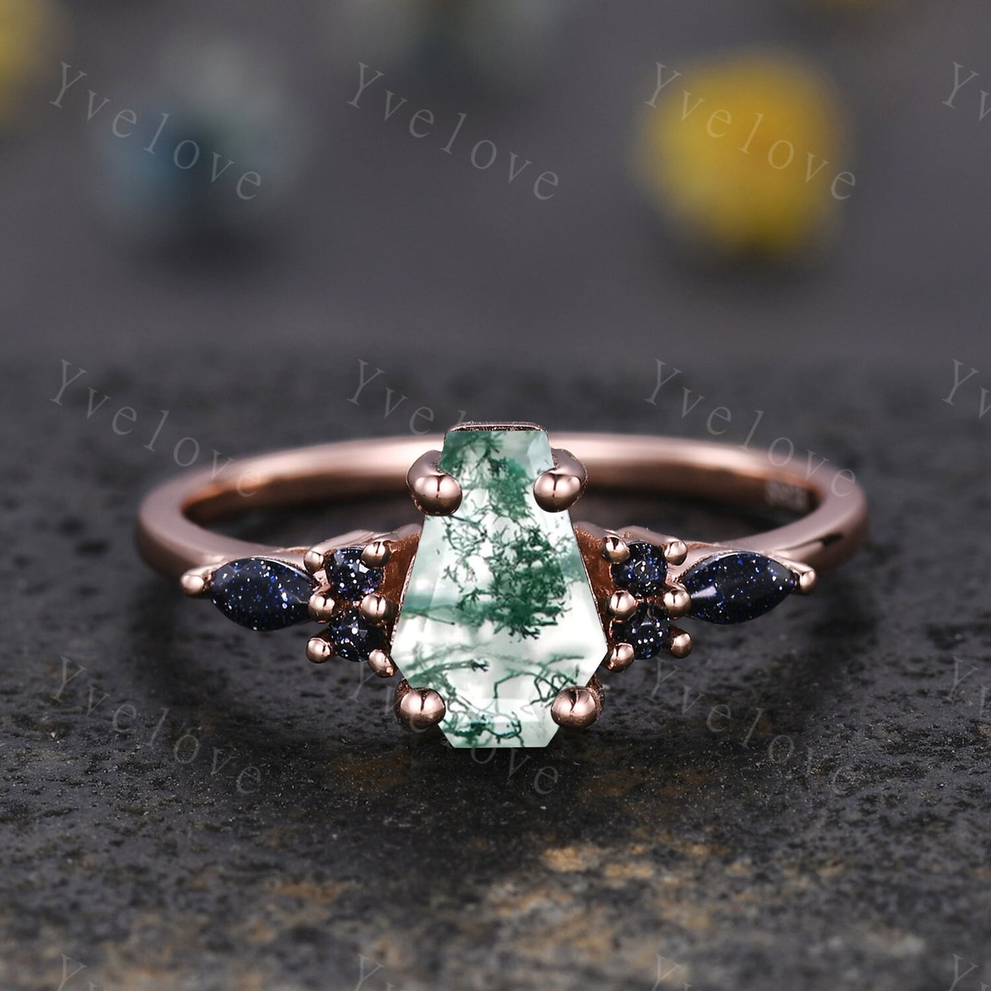 Vintage coffin moss agate engagement ring marquise blue sandstone wedding ring rose gold matching band promise ring unique Valentines gift