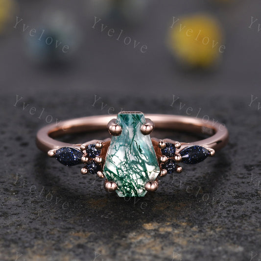 Vintage coffin moss agate engagement ring marquise blue sandstone wedding ring rose gold matching band promise ring unique Valentines gift